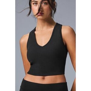 ALO Yoga Goddess Black Ribbed Cropped V-Neck Racerback Tank Top Size S